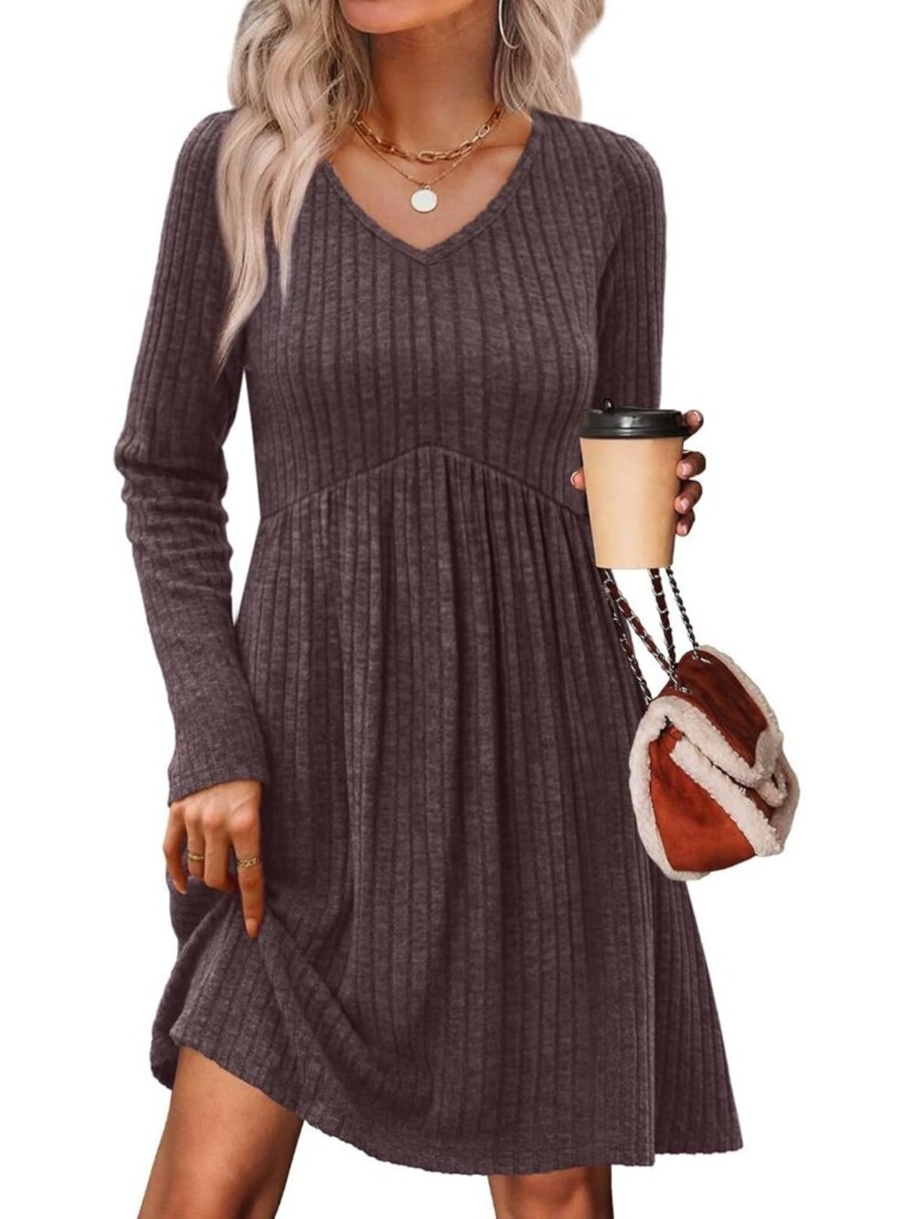 Women's Chocolate Brown Empire Waist Baby Doll Long Casual Pocket Mini Dress